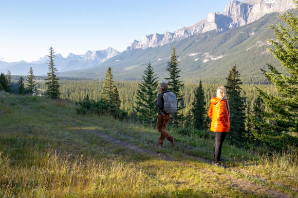 istock Couple hike in different directions on valley trail 1297829944