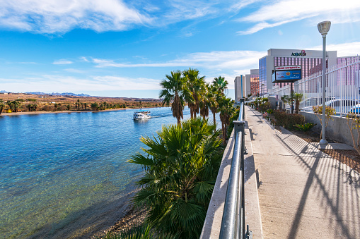 Laughlin,Nevada, United States - January,03 2020: Rosort casinos in Laughlin,Nevada. Laughlin is located about 1 hour south of Las Vegas and famous for casinos and water sports activities on Colorado River.  Across the river is Bullhead City in Arizona.