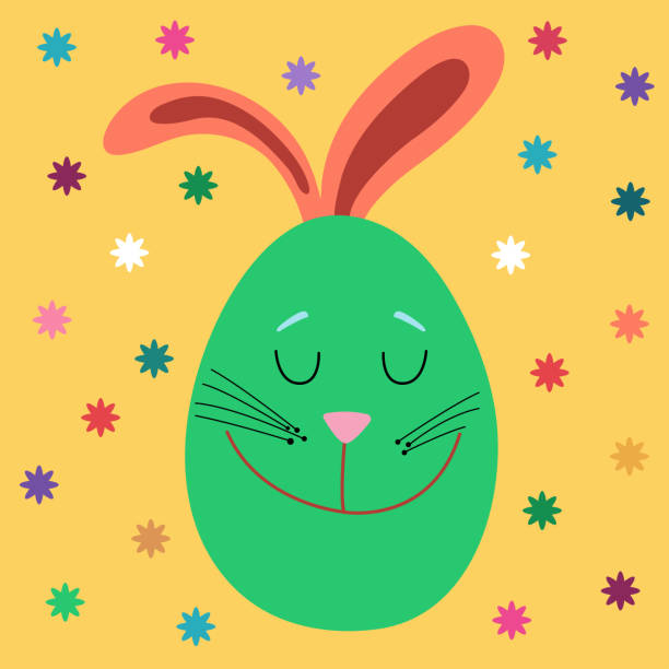 ilustrações, clipart, desenhos animados e ícones de ovo verde da páscoa com orelhas de coelho no fundo amarelo. ovo colorido para o feriado de páscoa. decoração de páscoa. feliz páscoa. ilustração de desenho animado vetorial. - rabbit ear antenna