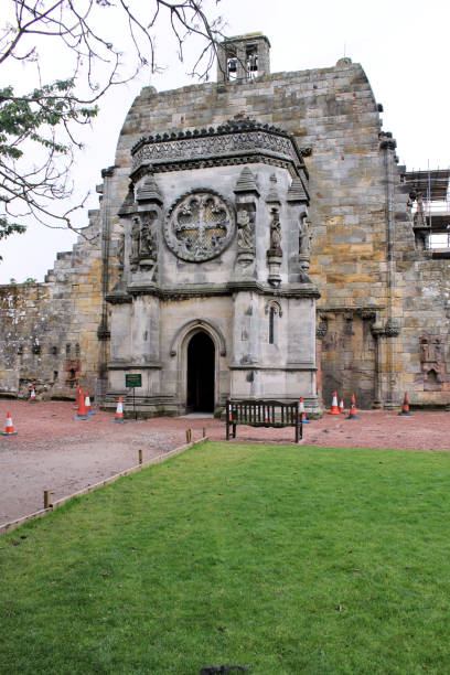 A view of Roslyn Chapel in Scotland showing the renovation work going on
