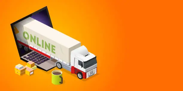 Vector illustration of truck out of laptop screen