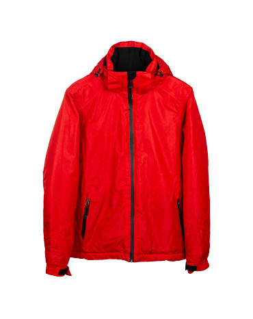 Red ski waterproof and windproof jacket isolated on white background.