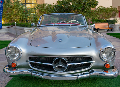The Pearl, Doha, Qatar - March 20, 2020: Mercedes Benz 190SL Convertible model vintage car kept for an exhibition at a local classic car show.