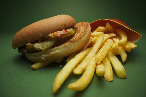 Macrophotography of a hamburger and french fries on a green background