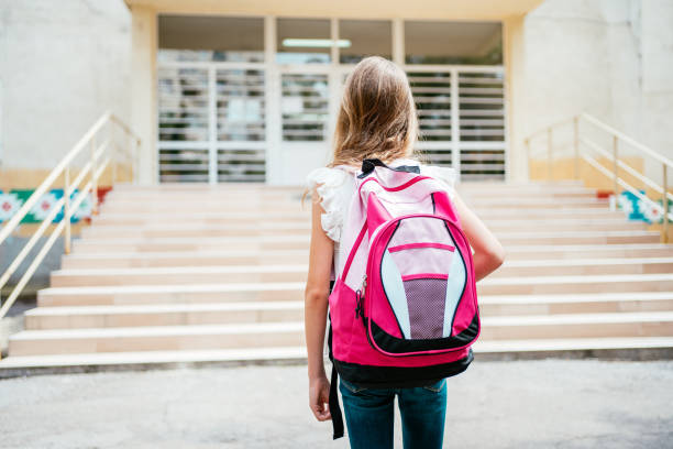 Little girl with backpack going to school.