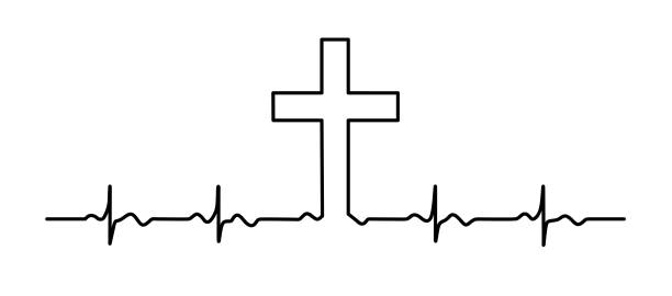 black vector heartbeat linie mit kreuz - christentum grafiken stock-grafiken, -clipart, -cartoons und -symbole