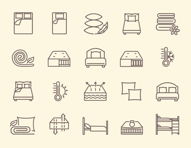 Set of linens black and white icons Set of linens black and white icons. Contains multilayer mattress, blanket, pillows, single and double bed, bunk bed, weather conditions and other symbols, signs and icons. Outline vector illustration King Size stock illustrations