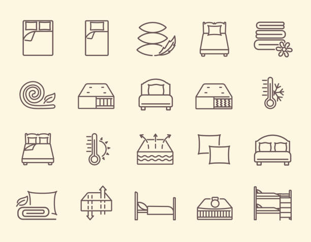 Set of linens black and white icons Set of linens black and white icons. Contains multilayer mattress, blanket, pillows, single and double bed, bunk bed, weather conditions and other symbols, signs and icons. Outline vector illustration king size stock illustrations