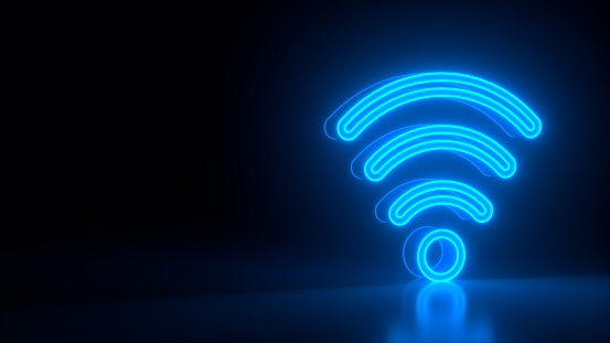 Futuristic glowing blue wi-fi symbol on black dark background with blurred reflection. Signal app, connection sign, neon lights. Business colorful concept. Modern design. 3d rendering