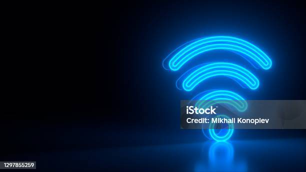 Futuristic Glowing Blue Wifi Symbol On Black Dark Background With Blurred Reflection Signal App Connection Sign Neon Lights Business Colorful Concept Modern Design 3d Rendering Stock Photo - Download Image Now