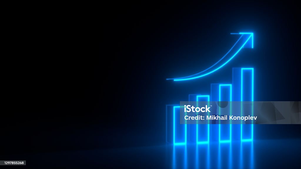 Futuristic glowing blue diagram growth chart symbol on black dark background with blurred reflection. Elements of bank set. Business success colorful concept. Modern design. 3d rendering Growth Stock Photo