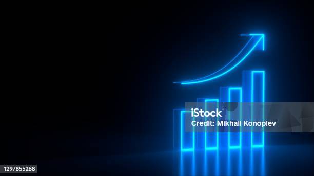 Futuristic Glowing Blue Diagram Growth Chart Symbol On Black Dark Background With Blurred Reflection Elements Of Bank Set Business Success Colorful Concept Modern Design 3d Rendering Stock Photo - Download Image Now