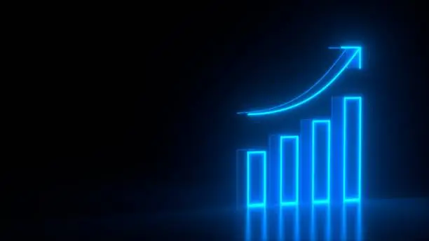 Futuristic glowing blue diagram growth chart symbol on black dark background with blurred reflection. Elements of bank set. Business success colorful concept. Modern design. 3d rendering