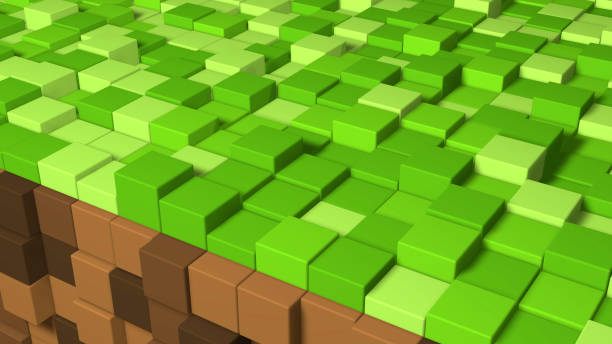 3D Abstract cubes. Video game geometric mosaic waves pattern. Construction of hills landscape using brown and green grass blocks