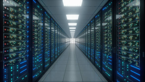 istock Modern interior server room data center. Connection and cyber network in dark servers. Backup, mining, hosting, mainframe, farm, cloud and computer rack with storage information. 3D rendering 1297855366