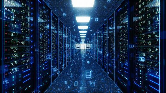 Modern interior server room data center. Connection and cyber network in dark servers. Backup, mining, hosting, mainframe, farm, cloud and computer rack with storage information. 3D rendering