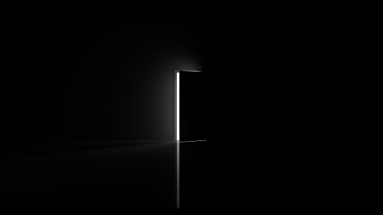 Light shines from door opening in dark room. Fills the space with bright white light. 3D render