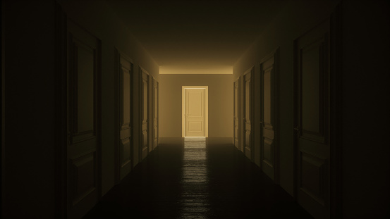 Light shines from door opening in dark room corridor. Fills the space with bright white light. Long corridor with closed doors. Success concept. 3D render