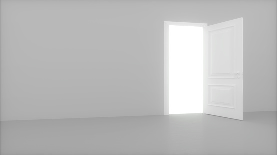 Door in a bright white room opens and fills the space with bright white. 3D render opening door.