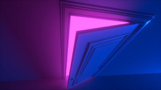 Door in a bright pink vivid neon room opens and fills the space with bright colorful light. Fills the dark space. 3D render opening door.