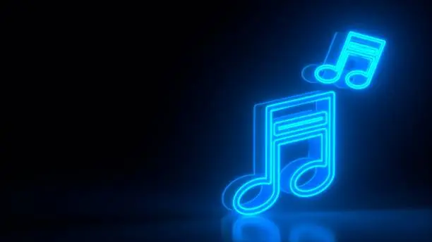 Photo of Futuristic glowing blue neon musical notes symbol on black dark background with blurred reflection. Isolated. Music and sound concept. Night bright sign, colorful billboard, light banner. 3d rendering