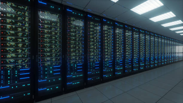 istock Modern interior server room data center. Connection and cyber network in dark servers. Backup, mining, hosting, mainframe, farm, cloud and computer rack with storage information. 3D rendering 1297856161