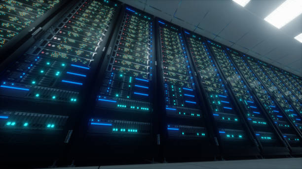 istock Modern interior server room data center. Connection and cyber network in dark servers. Backup, mining, hosting, mainframe, farm, cloud and computer rack with storage information. 3D rendering 1297856248