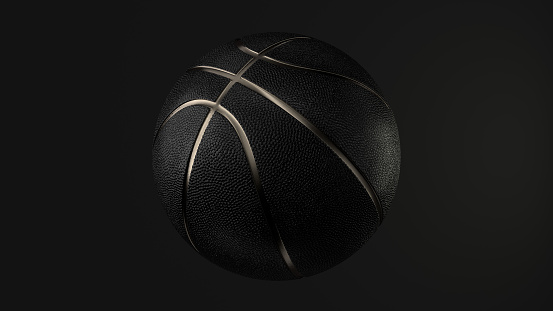 Black Basketball with Gold Metallic Line Design on dark Background. Futuristic sports concept. Close-up isolated sphere ball with dots. View front. 3D rendering