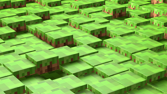 Cubos abstractos 3D. Patrón de ondas de mosaico geométricas de videojuegos. Construcción del paisaje de colinas utilizando bloques de hierba marrón y verde photo