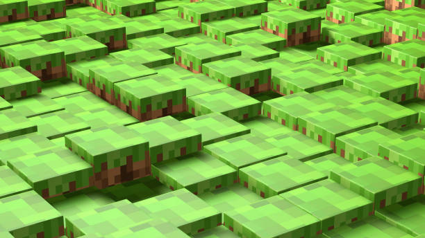 cubos abstractos 3d. patrón de ondas de mosaico geométricas de videojuegos. construcción del paisaje de colinas utilizando bloques de hierba marrón y verde - land craft fotografías e imágenes de stock