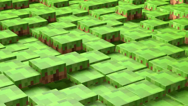Photo of 3D Abstract cubes. Video game geometric mosaic waves pattern. Construction of hills landscape using brown and green grass blocks