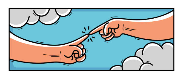 istock Creation of Adam cartoon style humorous illustration classical Michelangelo drawing made as funny vector drawing. 1297857206