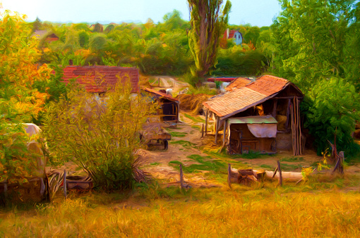 Oil landscape painting showing farm house in spring.