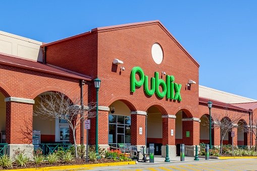 Charleston, South Carolina, USA - February 28, 2020: Exterior view of one Publix Super Markets. Publix Super Markets, Inc. is an employee-owned, American supermarket chain.