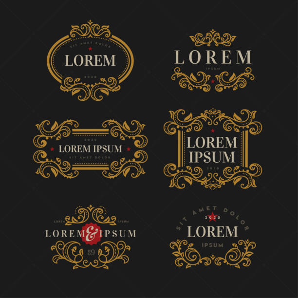 Gold  Luxury Frames Set of luxury ornate vector emblems set. Decorative gold frames and design elements on black background. Illustration EPS 10, all objects layered and grouped with global colours easy to edit. nobility stock illustrations