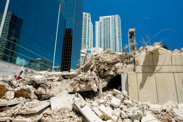 Downtown Construction Site Downtown Miami demolition and construction site in the Brickell district. collapsing stock pictures, royalty-free photos & images
