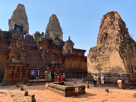 Angkor, Cambodia - January 21, 2020: Pre Rup is a Hindu temple dedicated to Shiva at Angkor, Cambodia. It was built as the state temple of Khmer king Rajendravarman and dedicated in 961. It is a temple mountain of combined brick, laterite and sandstone construction.