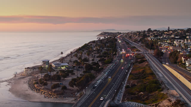 Evening Traffic on US 101 in Cardiff-by-the-Sea at Sunset - Aerial