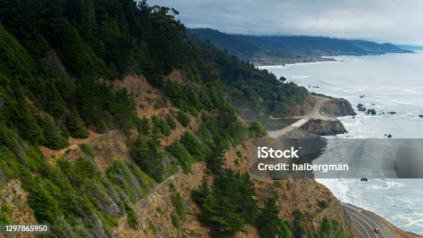 Shoreline Highway Clinging To Cliffs In Mendocino Aerial Stock Photo - Download Image Now