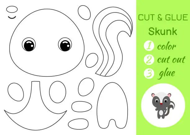 Vector illustration of Coloring book cut and glue baby skunk. Educational paper game for preschool children. Cut and Paste Worksheet. Color, cut parts and glue on paper. Vector illustration.