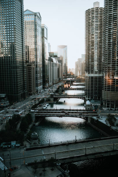 istock Wide Angle Cityscape of Chicago River Waterfront 1297868924