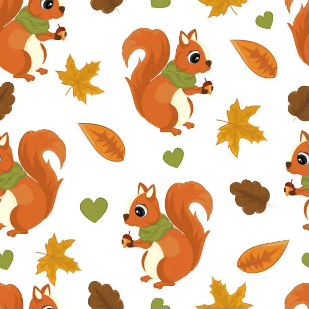 Vector illustration of Autumn seamless pattern with squirrel. Watercolor hand drawing illustration.