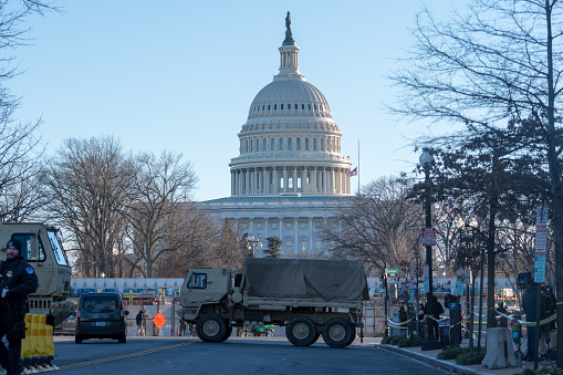 Washington, DC – January 19, 2021:  Armed National Guardsmen on security detail at the U.S. Capitol