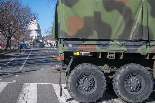 Washington, DC – January 19, 2021:  Armed National Guardsmen on security detail at the U.S. Capitol