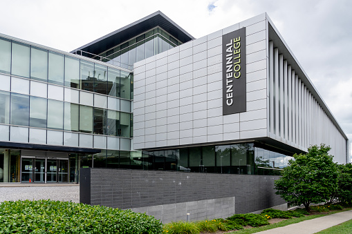 Scarborough, Toronto, Canada - August 29, 2020: Centennial College of Applied Arts and Technology building in Scarborough, Toronto, Canada, a Canadian diploma- and degree-granting college.