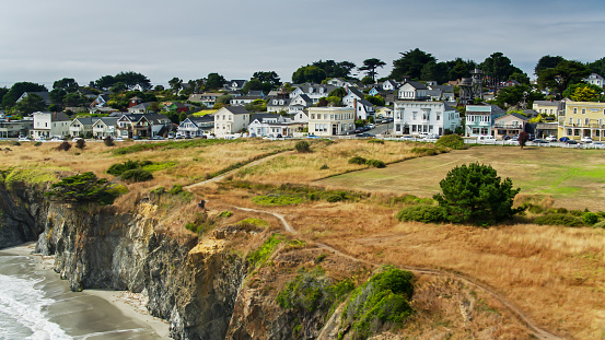 Aerial shot of Mendocino, an idyllic small town on the California coast.