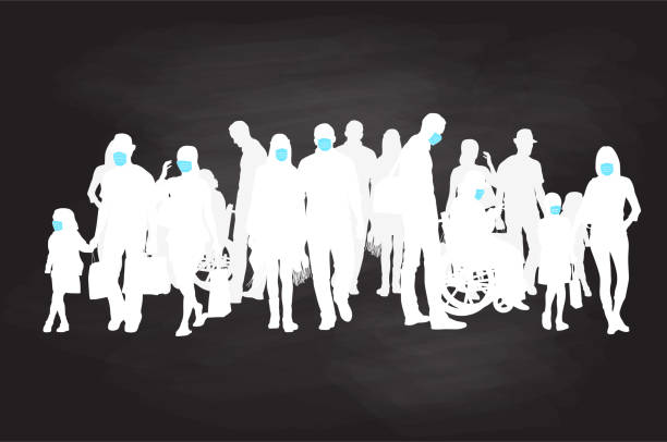 AddingDiversityRainbowWithMasks Large crowd of various people wearing medical masks, includes families with kids, person confined to wheelchair, young couple, etc... silhouette mother child crowd stock illustrations