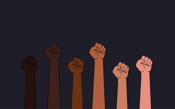 istock protests poser, or web banner.Raised fists multinational society Anti racism and racial equality and tolerance banner. democracy, protest, activism.vector equality and tolerance banner. 1297879002