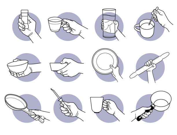 illustrazioni stock, clip art, cartoni animati e icone di tendenza di mano che tiene la cucina storta e tazza da bere. - folding hands