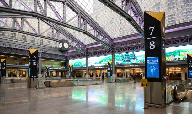 Moynihan Train Hall New York City New York, New York, USA - January 22, 2021: The new Moynihan Train Hall in New York City. People can be seen. Amtrak stock pictures, royalty-free photos & images